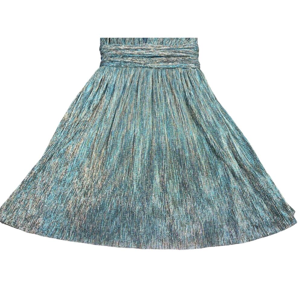 Lulus Women’s Size XS Ailey Gold and Teal Blue Metallic Skater Mini Dress - Picture 4 of 12